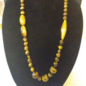 AIL 925 Sterling Heavy Chunky Beaded Barrel Tiger Eye Necklace 32" stretched out